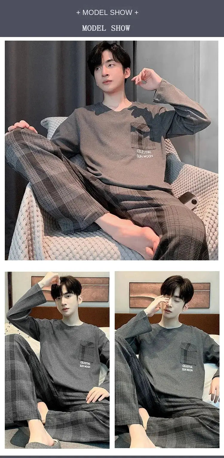 2PCS/Set Men Pajamas Long-Sleeved Korean Version of the Simple Button down Tops and Pants Nightwear Homewear Plaid Sleepwear