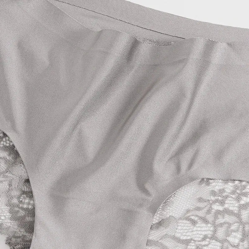 Panties for women in light gray satin lace, soft cozy underwear with delicate lace details
