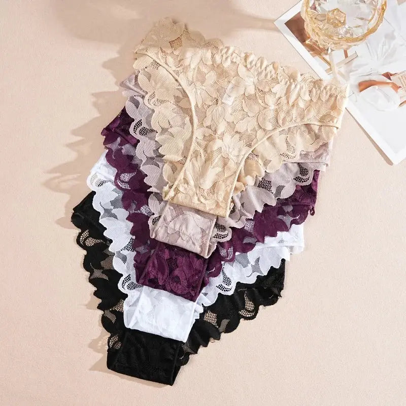 5-piece floral lace panties set for women in beige, lavender, plum, white, and black; low waist briefs.