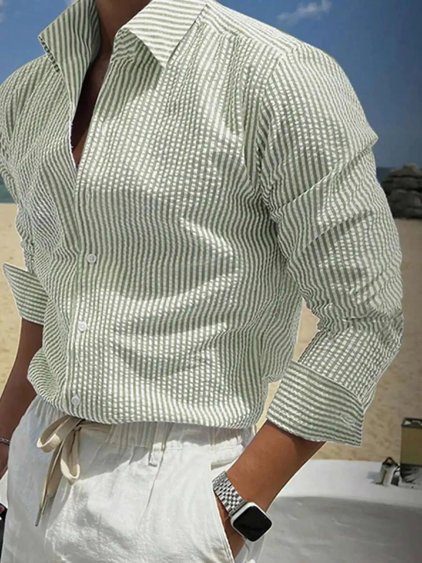 Men's long-sleeve striped shirt, loose fit, green-white vertical stripes, casual outdoor wear