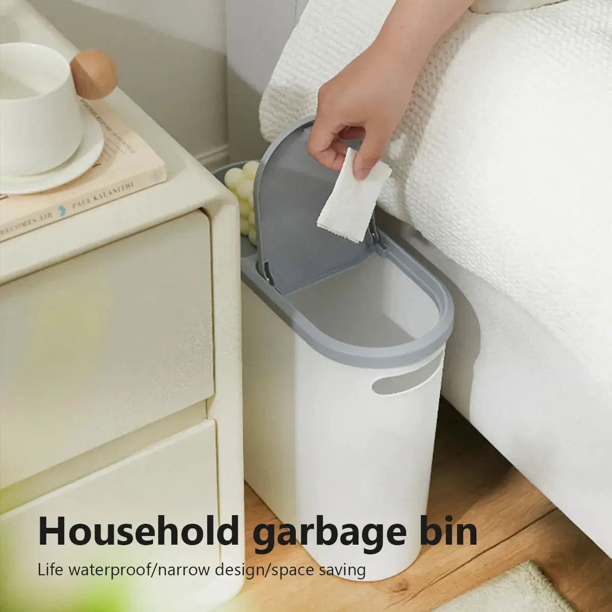Bathroom trash can with lid, large-capacity white plastic bin with gray lid by Simples Market