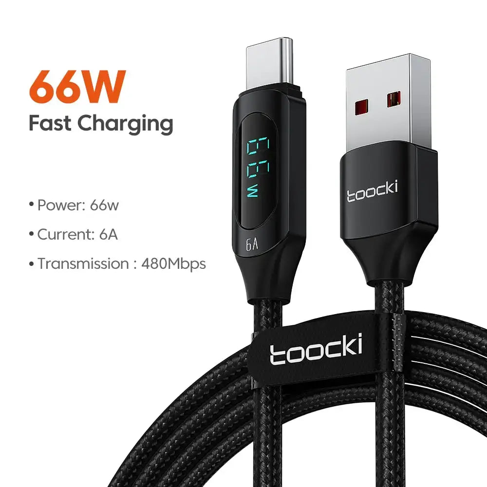 Toocki USB-C to USB-C braided charging cable, black with Toocki logo, 66W fast charging, 6A