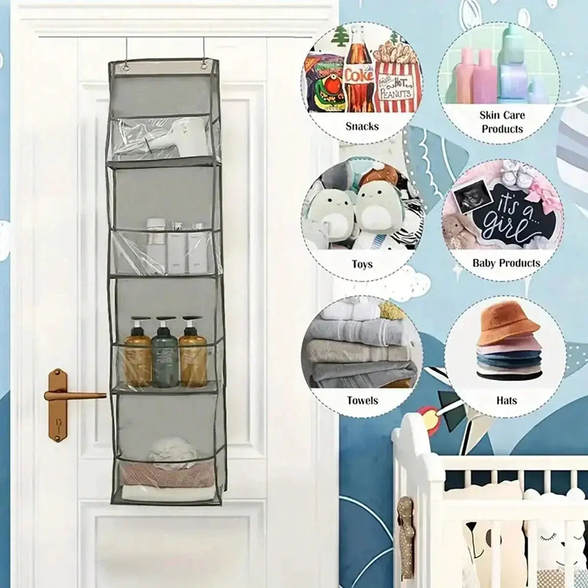 4/6-layer multi-functional fabric hanging storage organizer in gray mesh for behind-the-door use