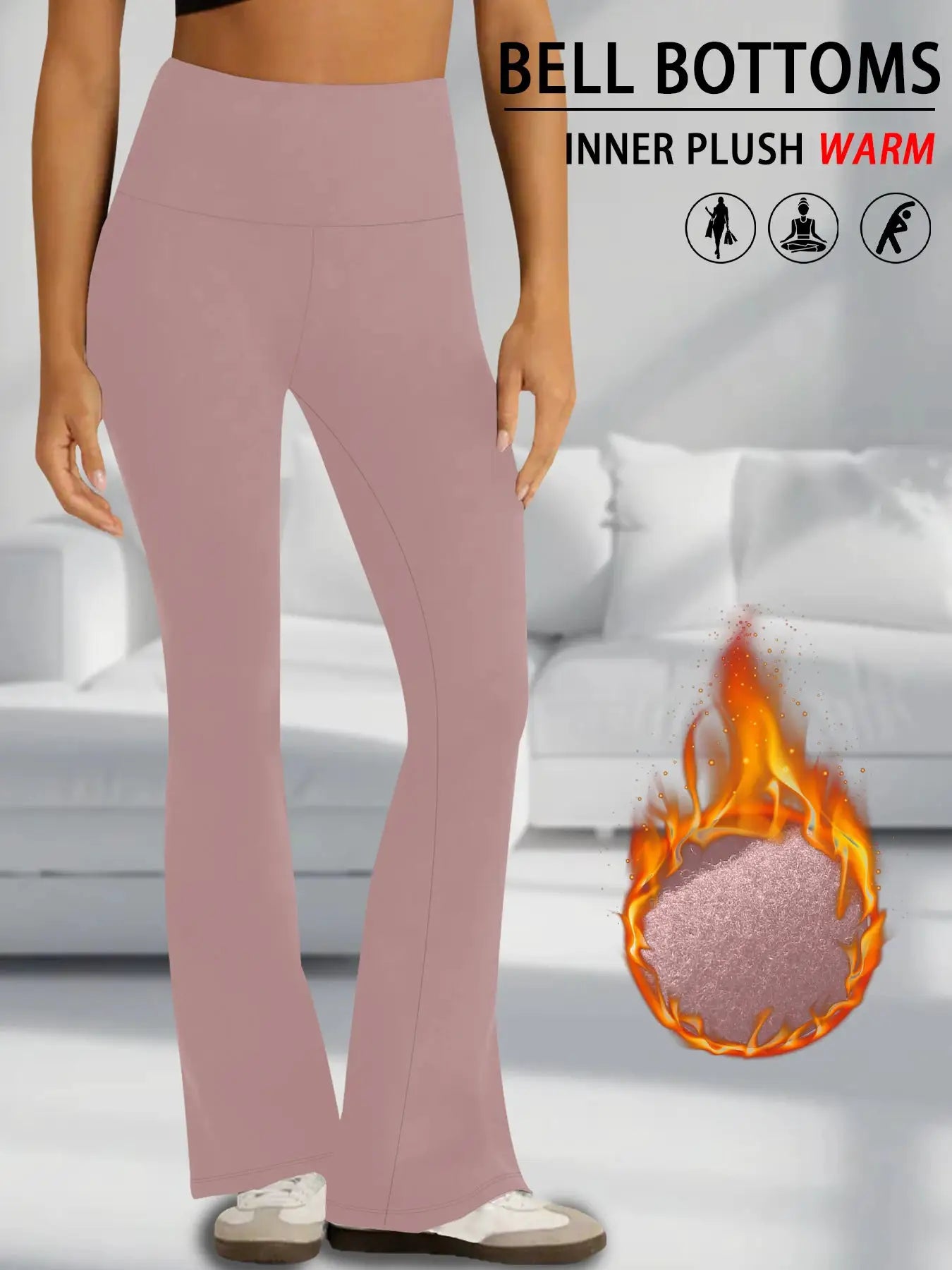 Women's high-waisted fleece flare leggings by Simples Market in dusty pink bootcut bell bottoms