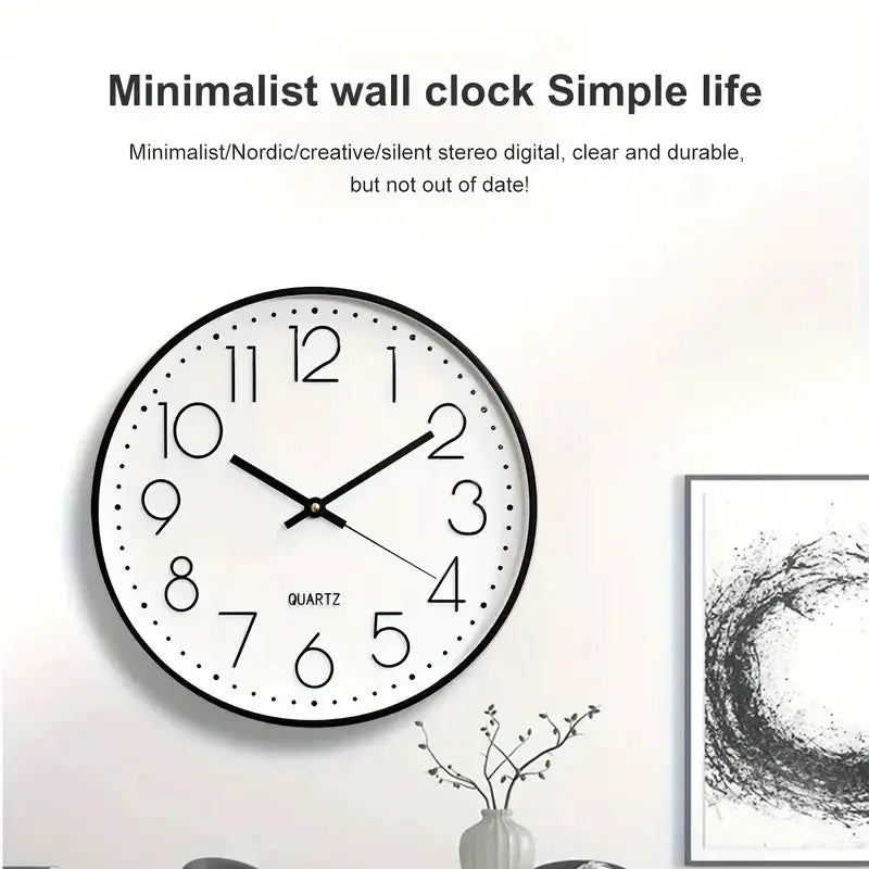 8-inch wall clock with white face, black numerals and frame, analog quartz