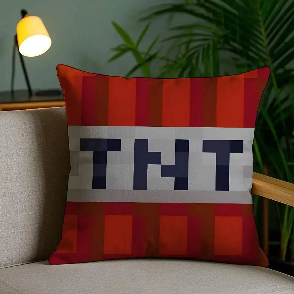 TNT block pillow case with red-orange pixel design and white TNT band, double-sided short plush cushion cover