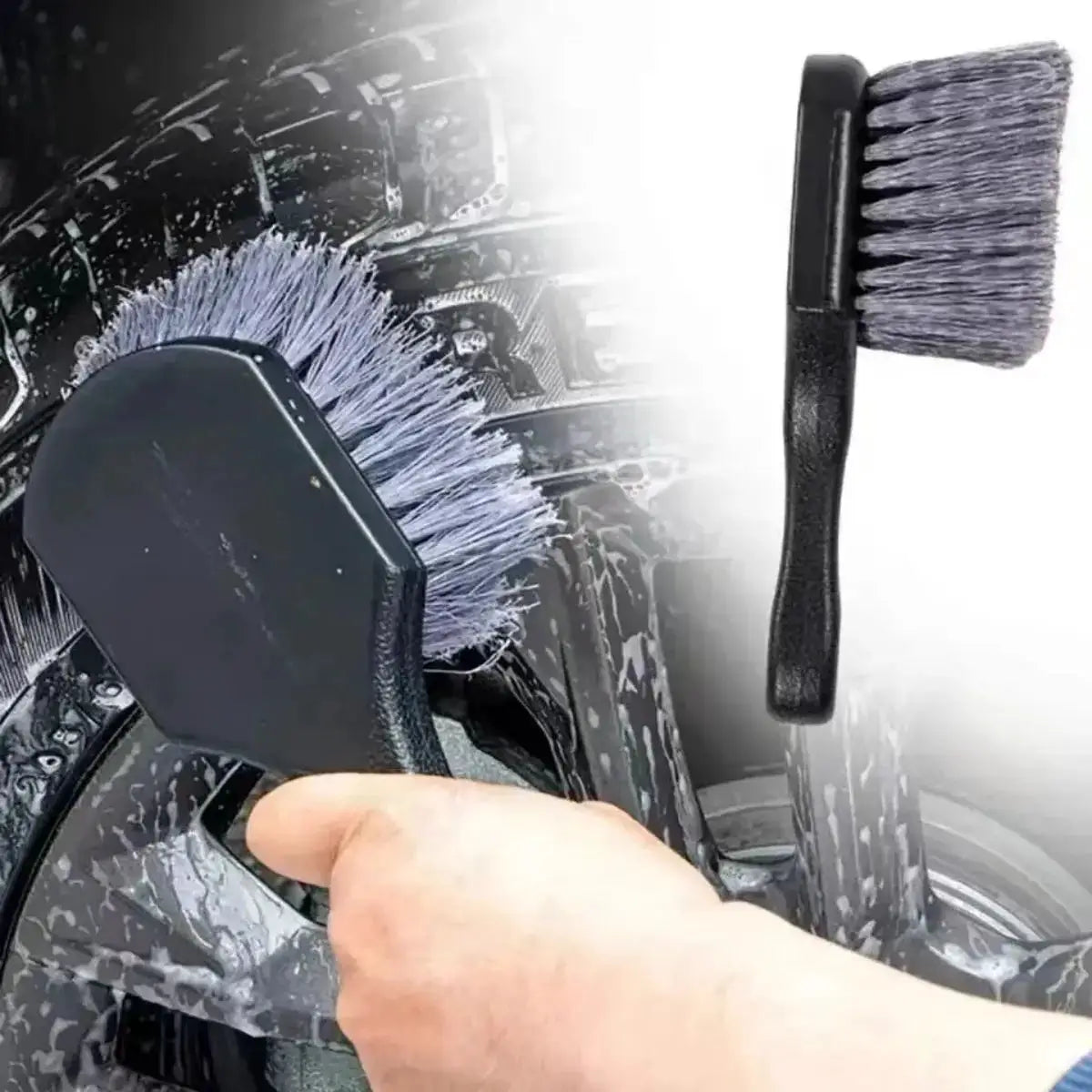 Two-brush car wheel cleaning set with short-handle detail brush and wheel brush, black handles, blue-gray bristles