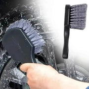 Two-brush car wheel cleaning set with short-handle detail brush and wheel brush, black handles, blue-gray bristles