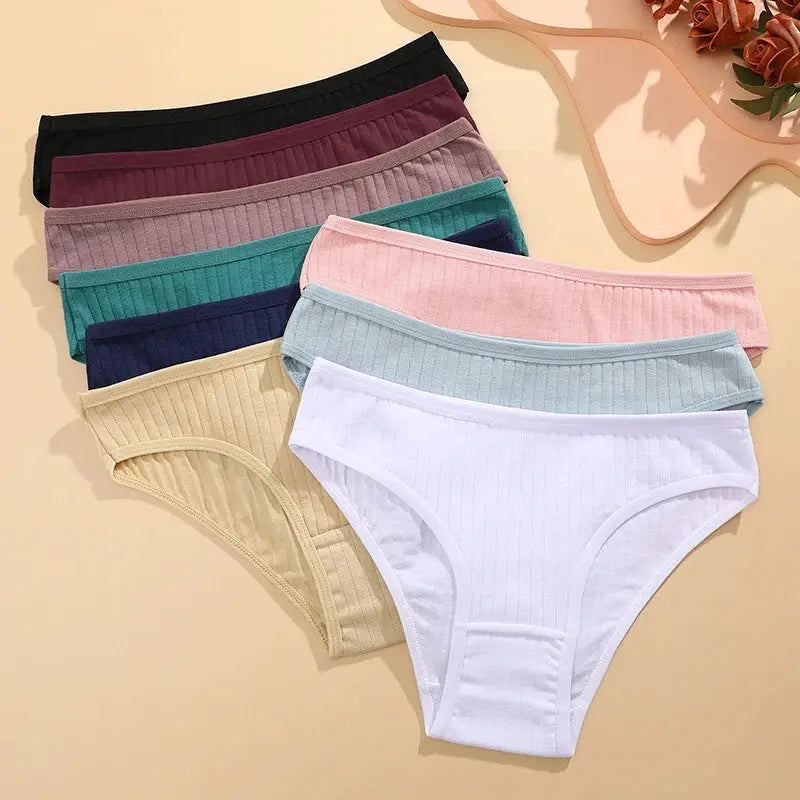 FINETOO 6-piece women's cotton panties set in solid colors with ribbed striped briefs