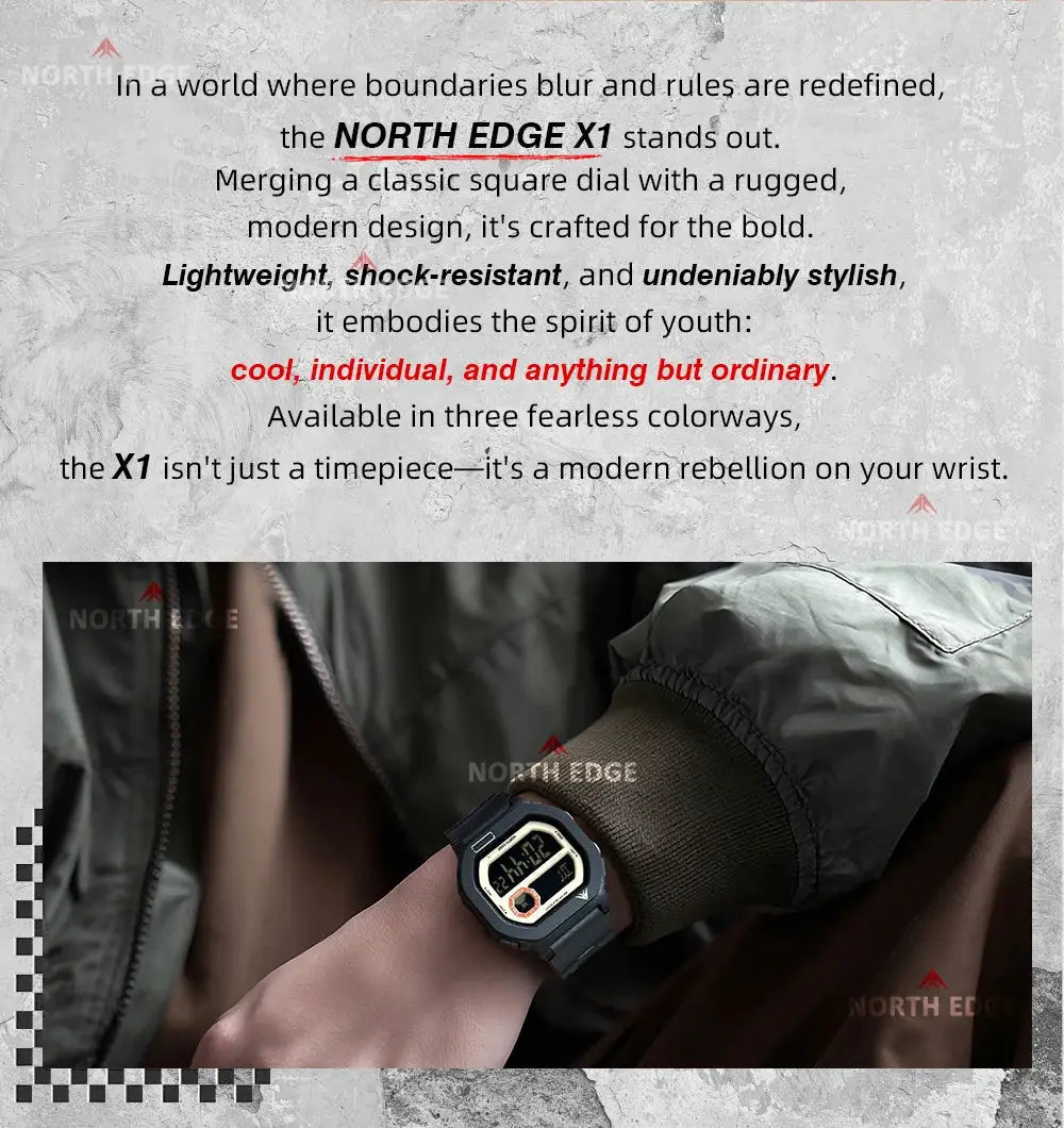 North Edge X1 square-screen digital watch on the wrist; black rugged sportswatch with 50m waterproof rating.