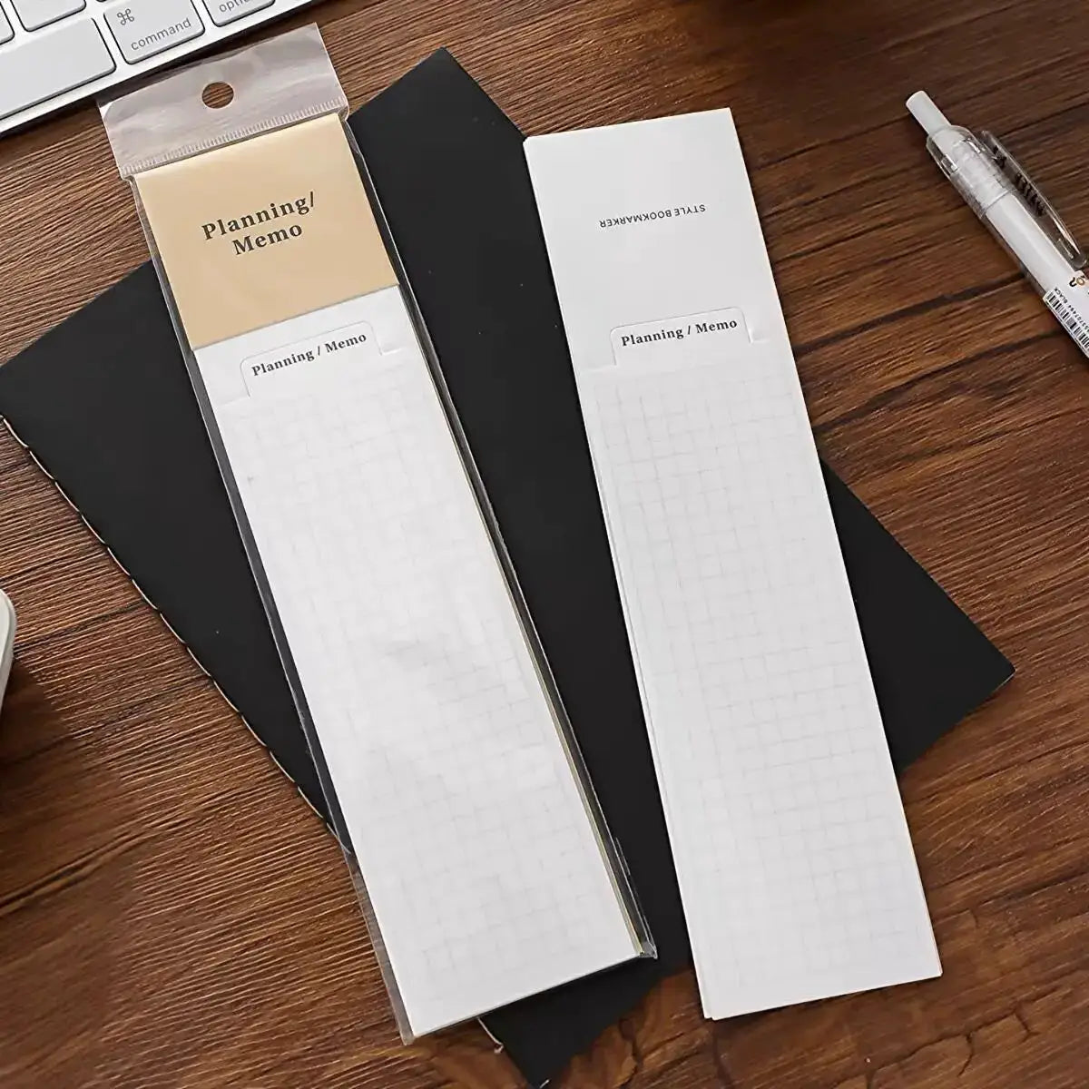 MINKYS two-pack kawaii bookmark memo pads, 24-sheet grid paper, white with Planning / Memo labels
