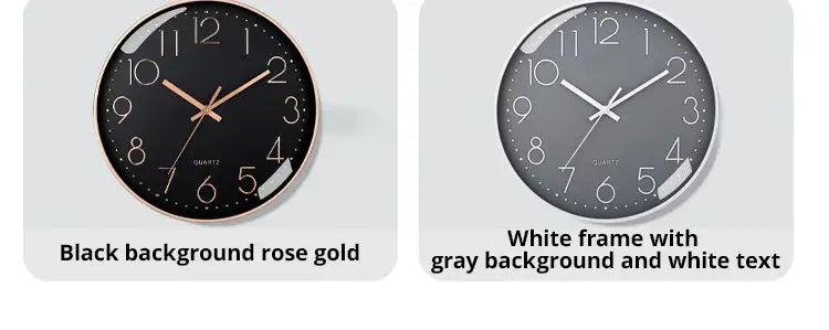 8 inch mute wall clock pair: black background with rose gold accents; white frame with gray background and white numerals.