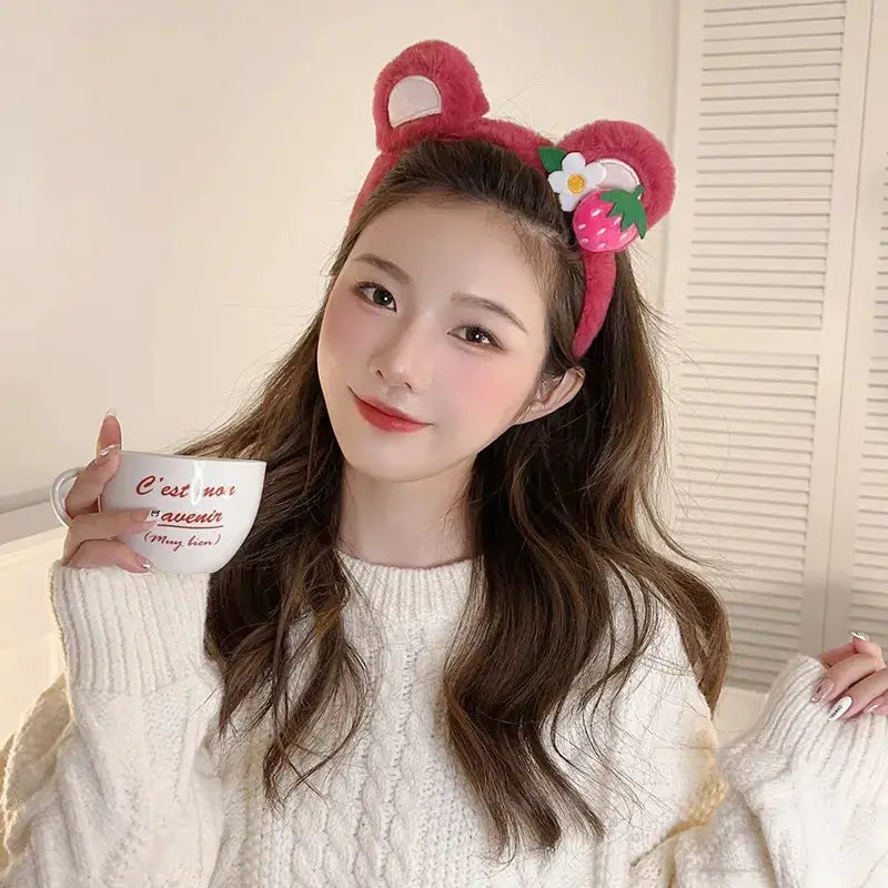 Strawberry Bear Plush Headband For Women Soft Hairband For Face Wash And Skincare Cute Fashion Accessory