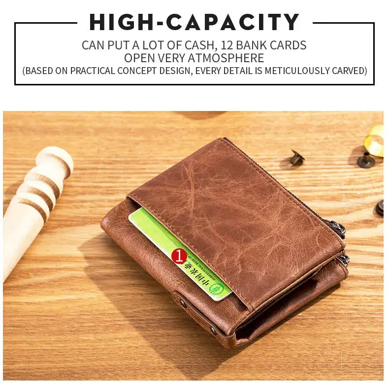 BULLCAPTAIN retro brown leather men's wallet with zipper and front card slot showing a green card