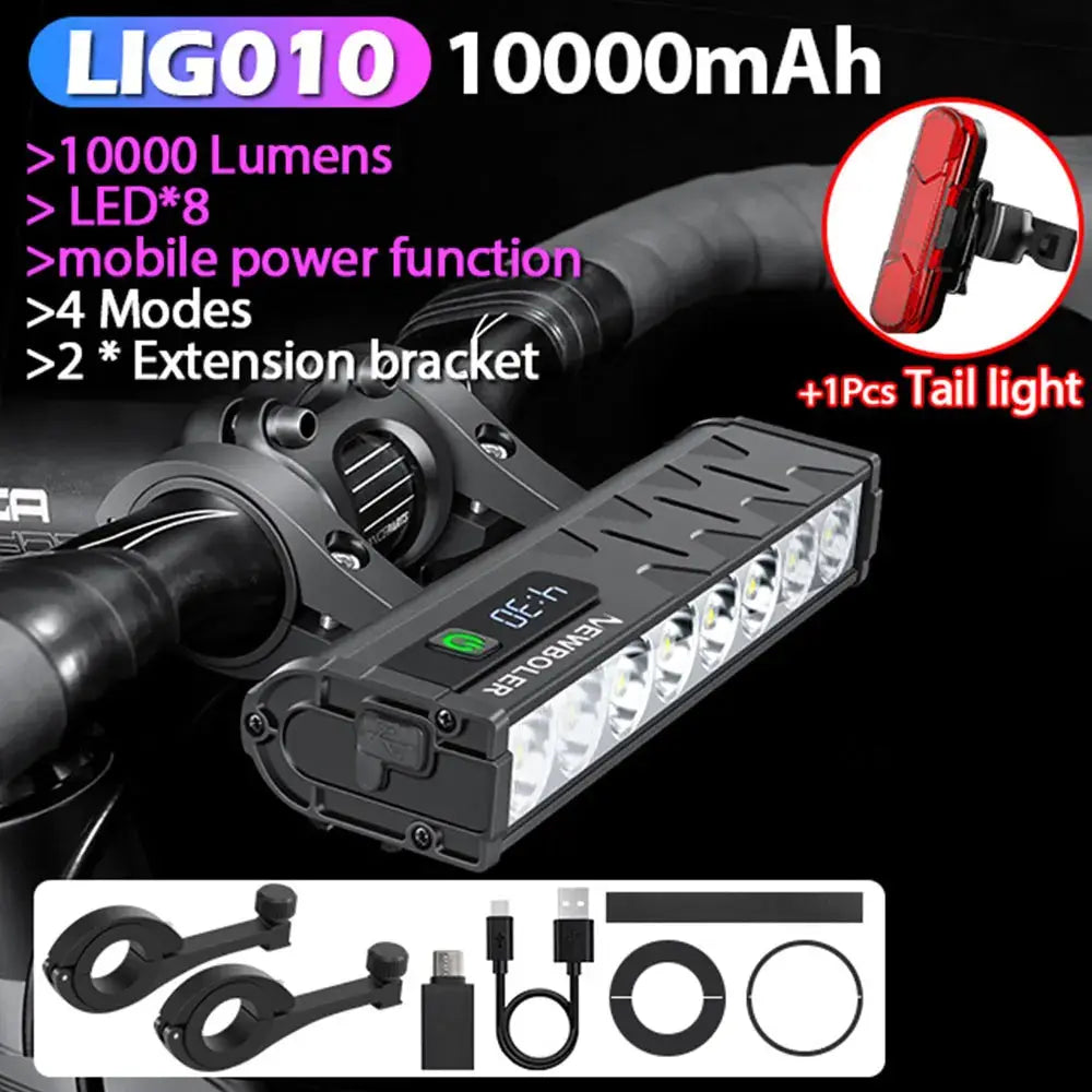Newboler 10000 Lumen Front Bicycle Light USB Rechargeable Waterproof 10000mAh for MTB and Road Cycling