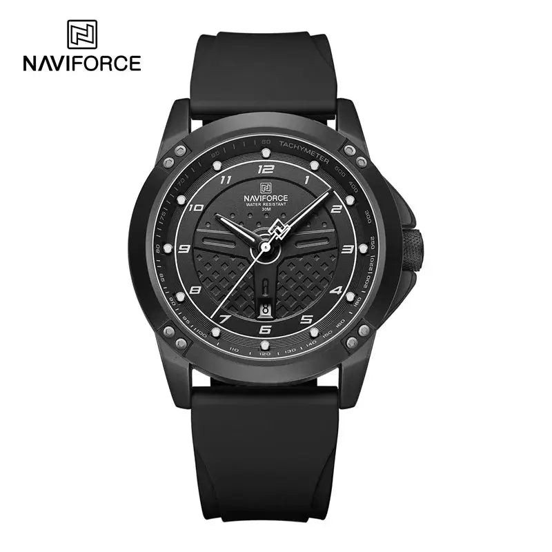 NAVIFORCE men's black silicone-strap quartz wristwatch with luminous dial and waterproof design