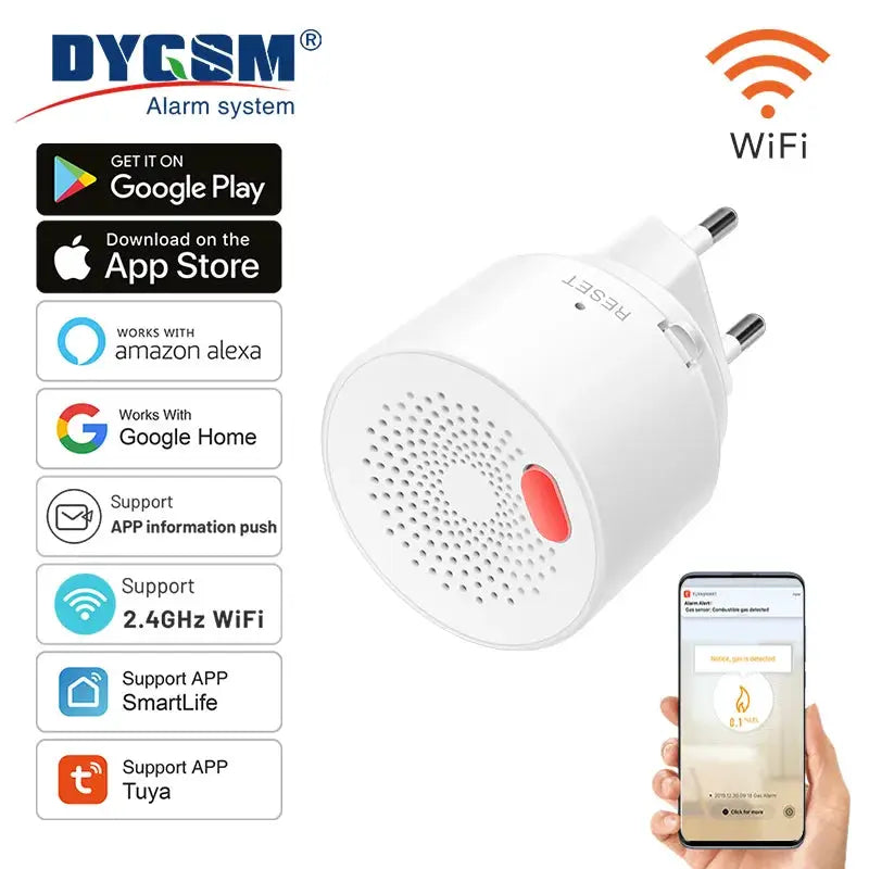 Tuya WiFi gas leak detector by Simples Market, white LPG sensor with smartphone app.