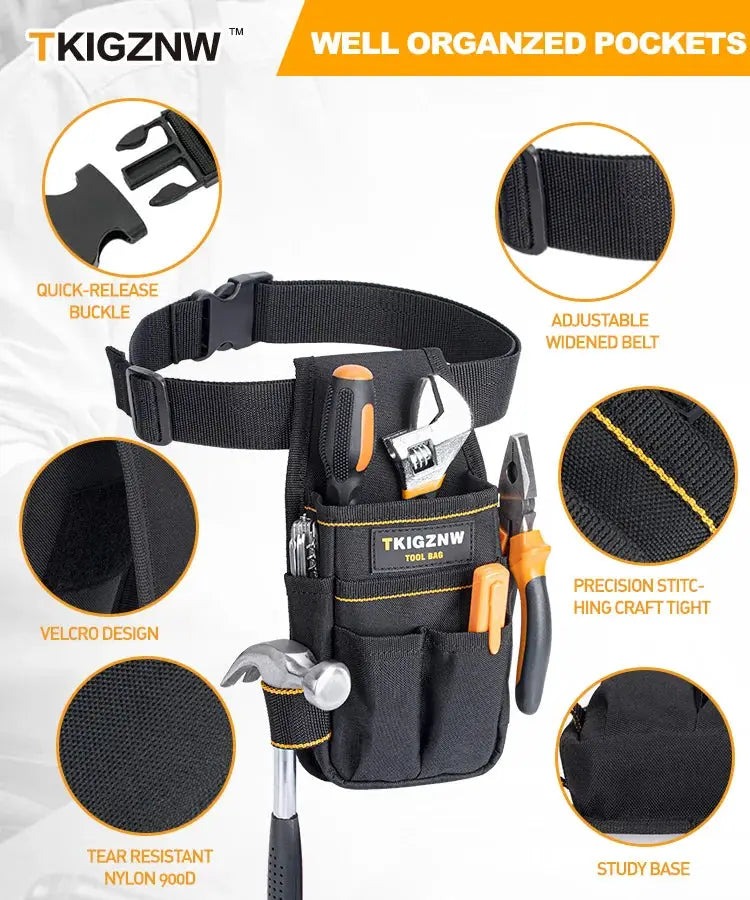 TKIGZNW Pocket Tool Pouch, black heavy-duty tool bag with 6 pockets and 9 screwdriver loops, adjustable belt