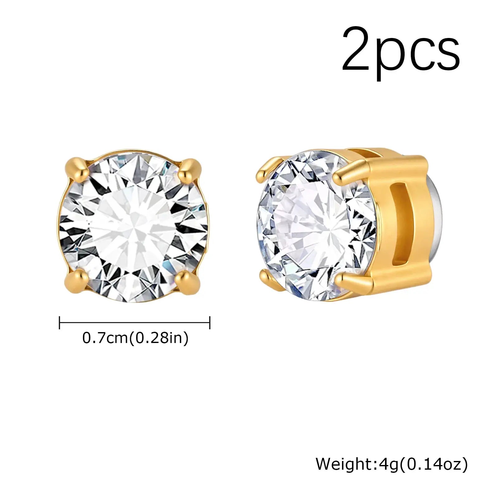 Simples Market punk round zircon magnetic ear studs, gold-tone stainless steel, 2pcs