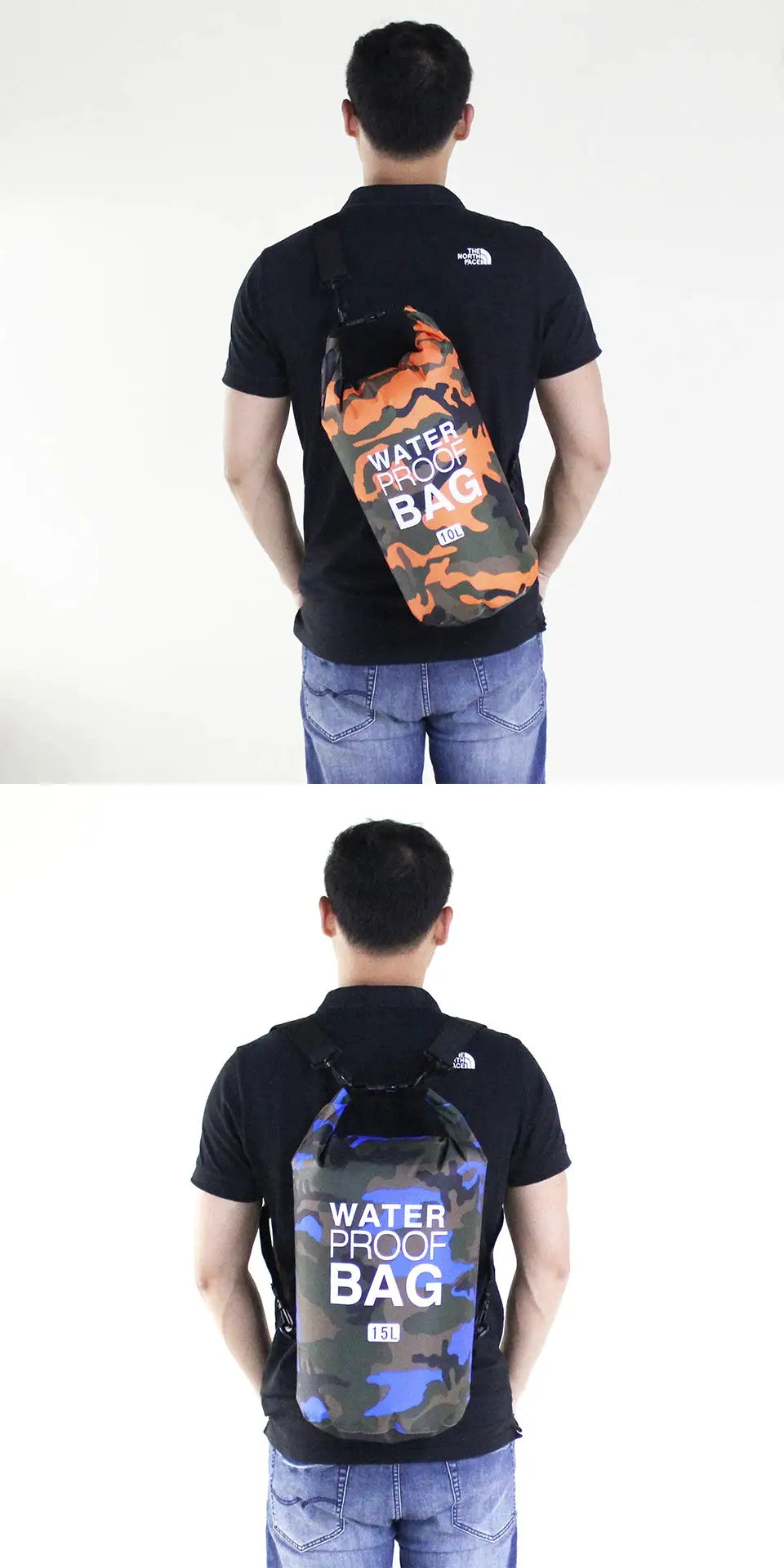 Waterproof dry bag crossbody in orange camo 10L and blue camo 15L worn by model