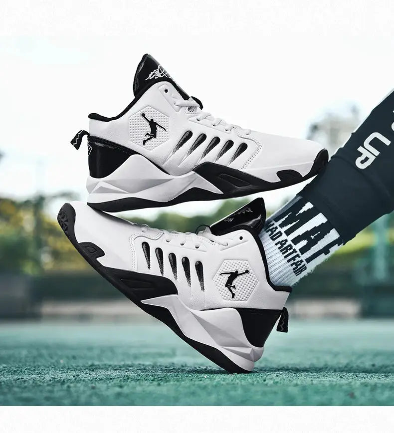 Men's white and black sneakers form a pair with a breathable upper and chunky sole.