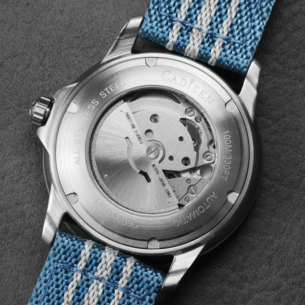 CADISEN Deep Explorer automatic mechanical watch with Miyota movement and blue striped canvas strap.