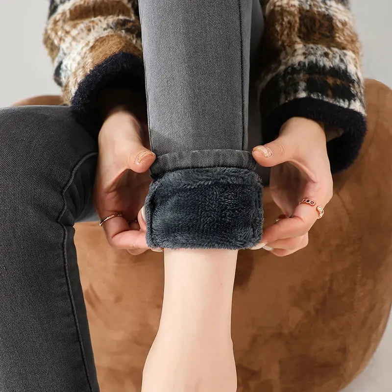 Women Thermal Jeans Fleece Lined Warm Stretch Slim Fit Pants Korean