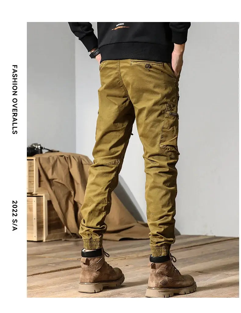 CAAYU men's cargo joggers with multi-pocket design in olive khaki, cuffed ankle streetwear pants
