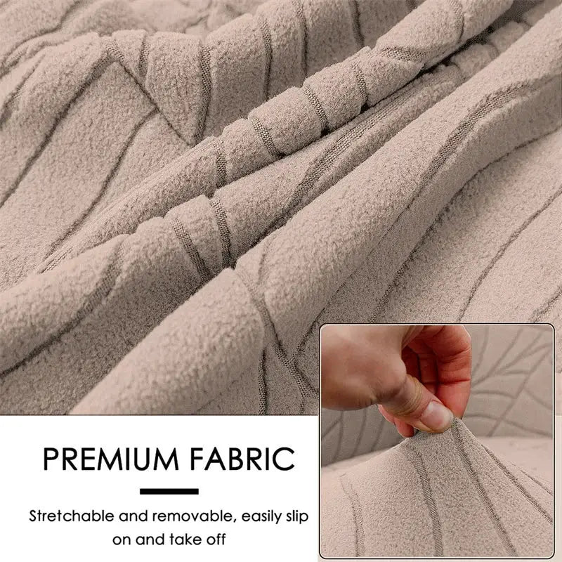 Elastic club chair cover in beige leaves jacquard fabric by Simples Market; stretchable and removable.