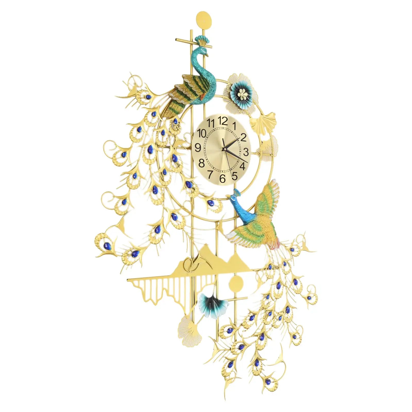 Large two peacocks wall clock, Simples Market, gold and blue rhinestone resin iron art, 80x120cm