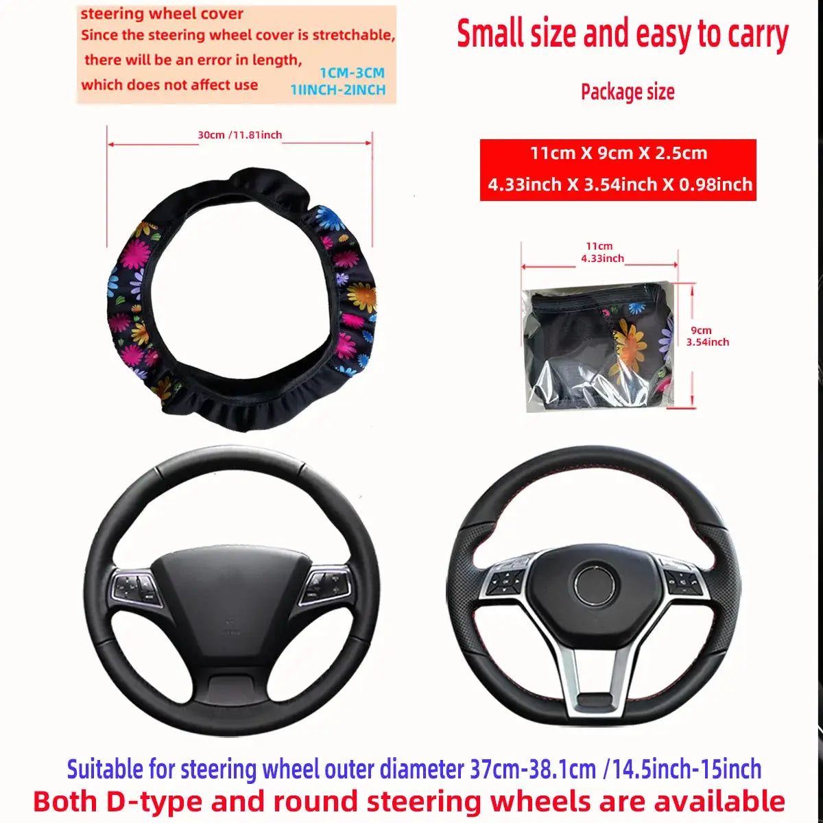 Simples Market 38cm floral steering wheel cover with cherry blossom chrysanthemum on black; fits D-type and round wheels.