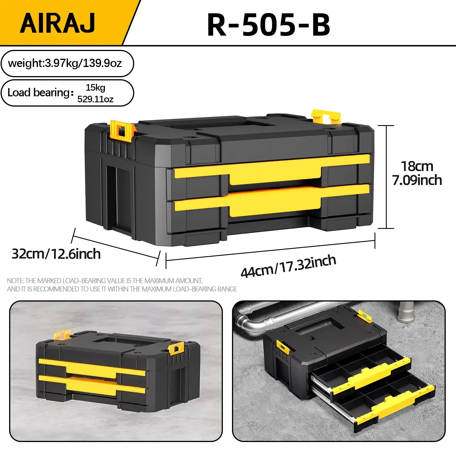 AIRAJ stackable modular toolbox set with wheels; black toolbox with bright yellow handles