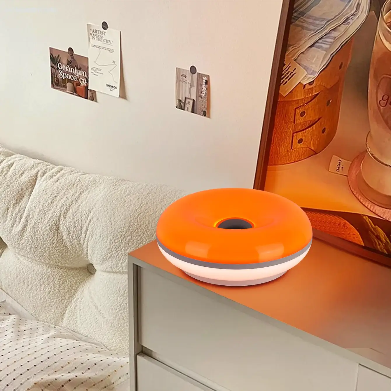 Simples Market Bauhaus donut table lamp, orange plastic ring with white base, USB powered