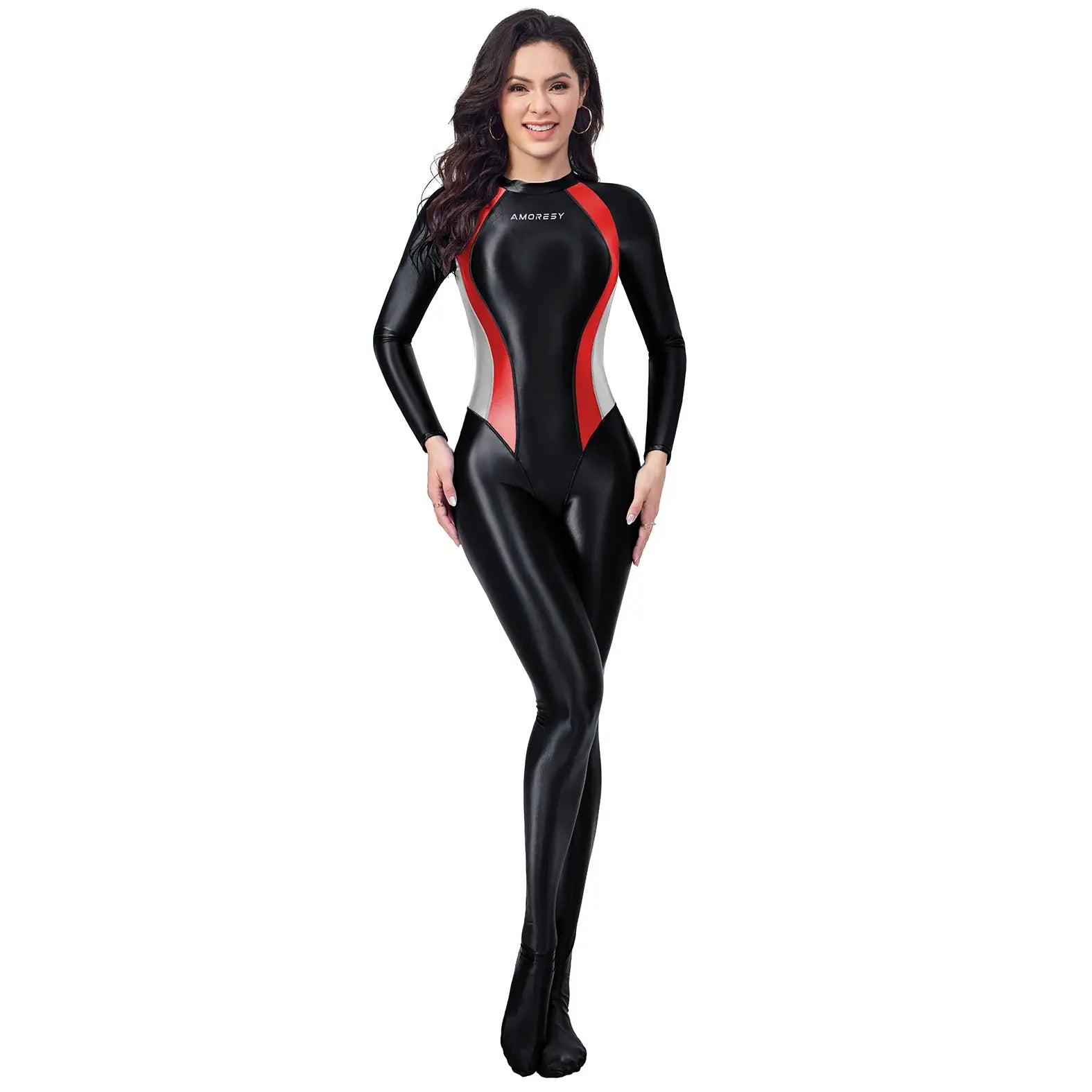 AMORESY women's wetlook catsuit jumpsuit, glossy black with red side panels