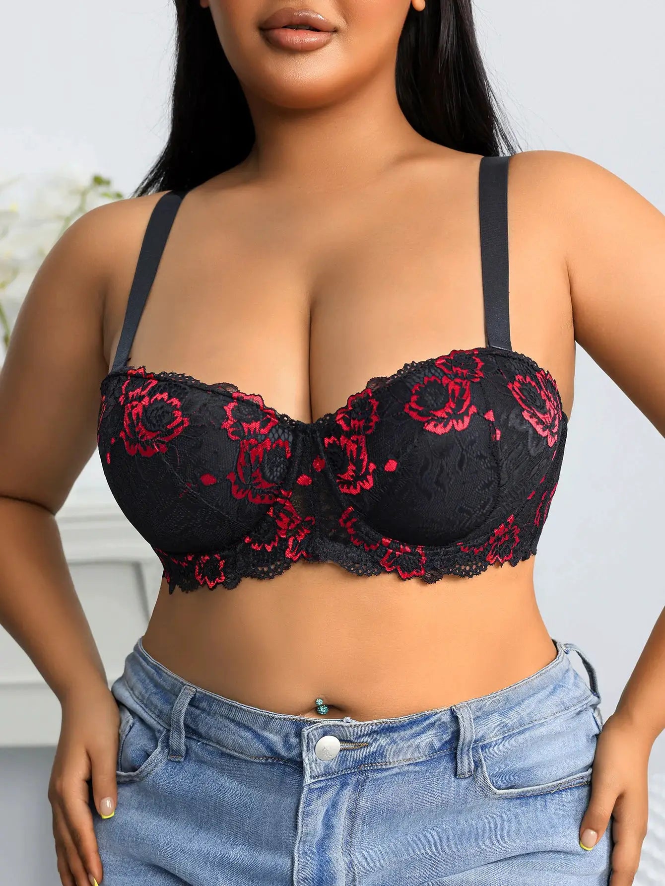Simples Market daily wide-strap plus-size bra, black lace with red embroidery, push-up underwire