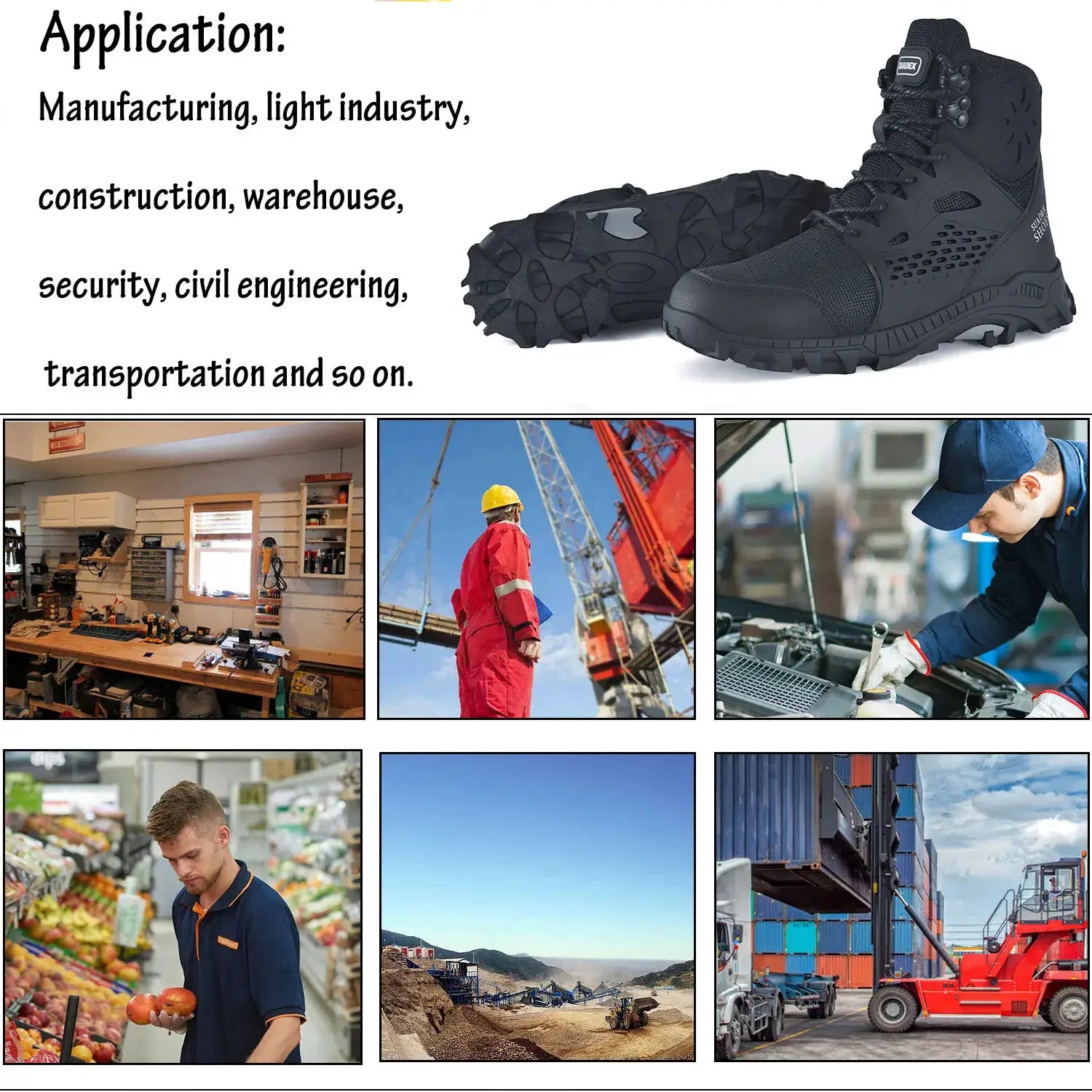 SUADEX S1 safety boots, black steel-toe work shoes with anti-slip sole, EU size 37–48