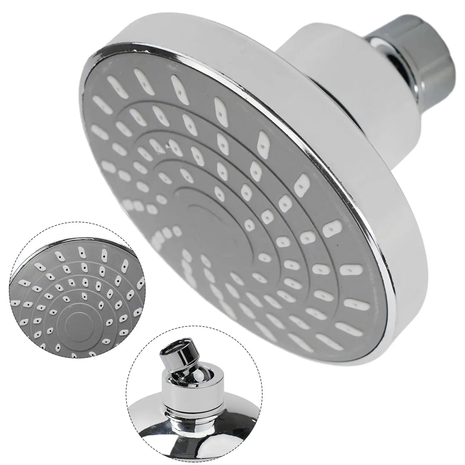 Chrome adjustable shower head sprayer with rainfall pattern; wall-mounted.