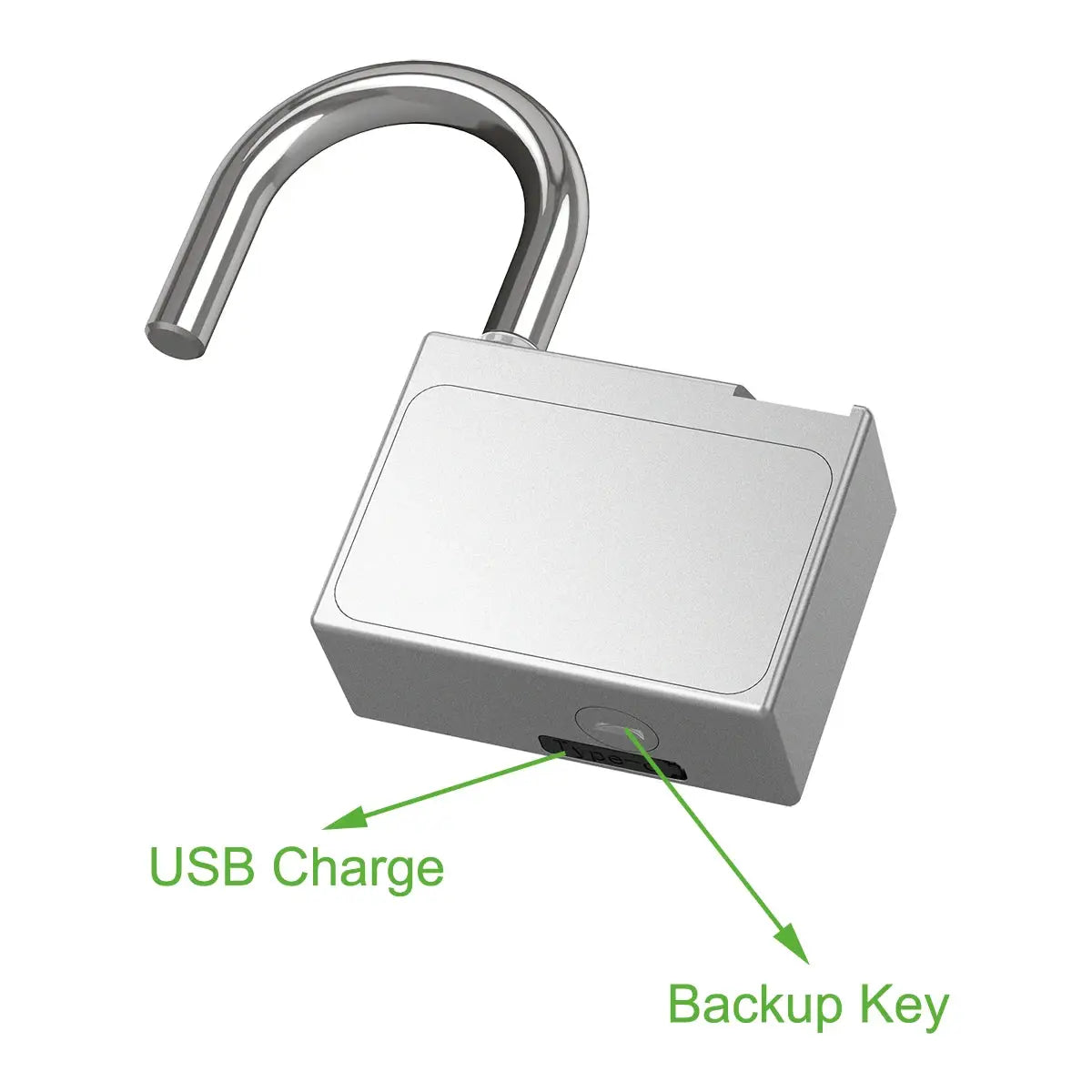 RAYKUBE Tuya smart padlock with USB charging and backup key, silver metal body
