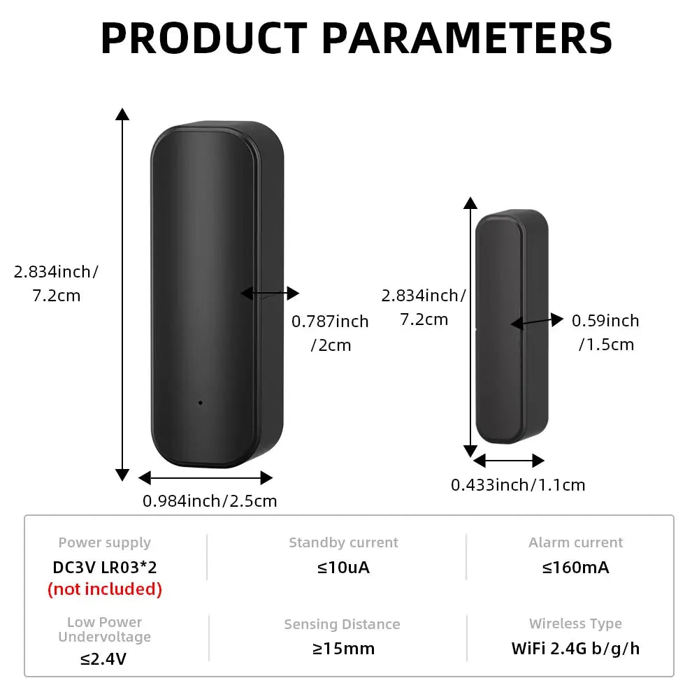 Simples Market WiFi/ZigBee door/window sensor; black wireless open/close detector compatible with Alexa and Google Home.