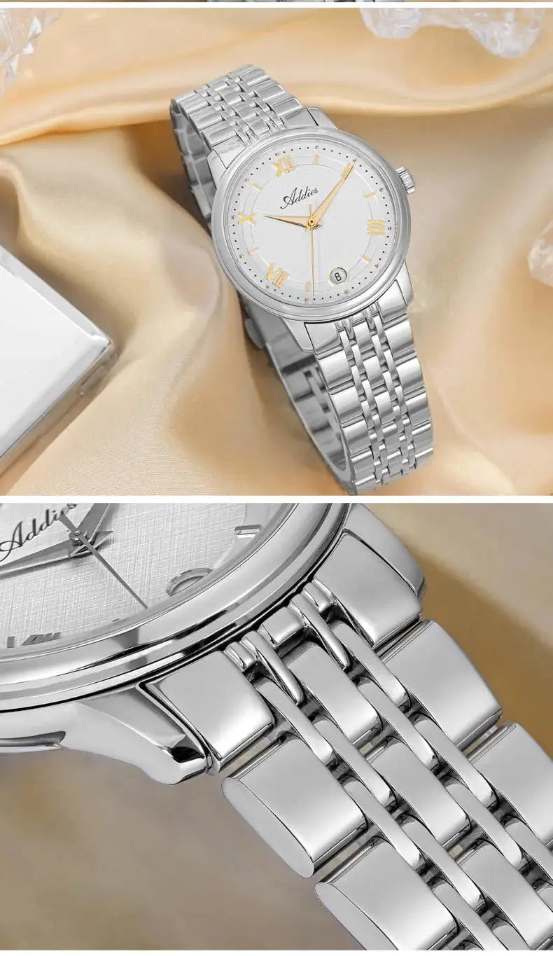 ADDIES luxury watch GM12, silver stainless steel bracelet, white dial with gold Roman numerals, sapphire glass