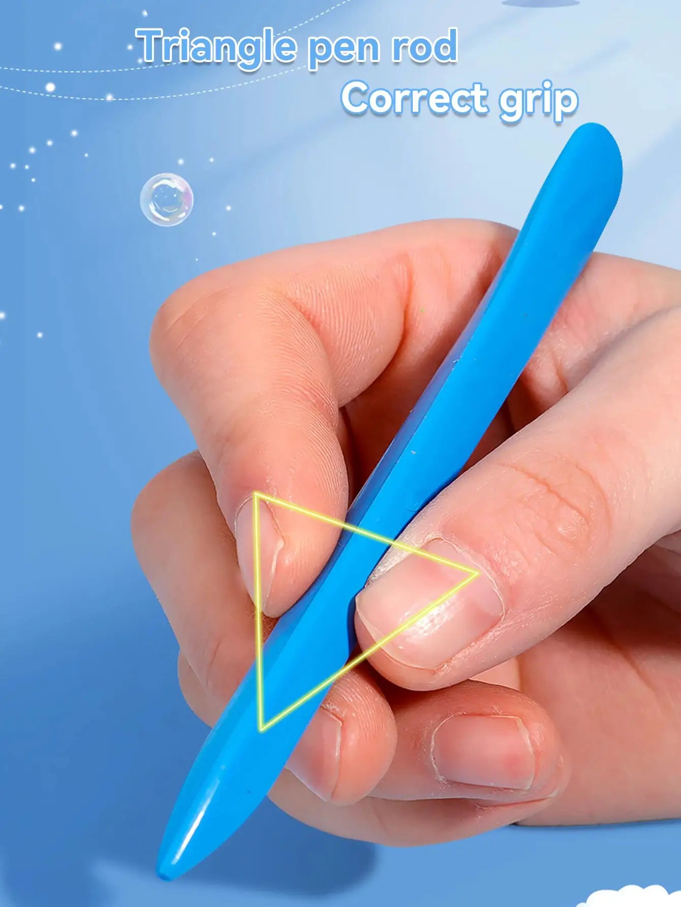 Blue triangle-pen crayon held by hand; kid-friendly early-art tool