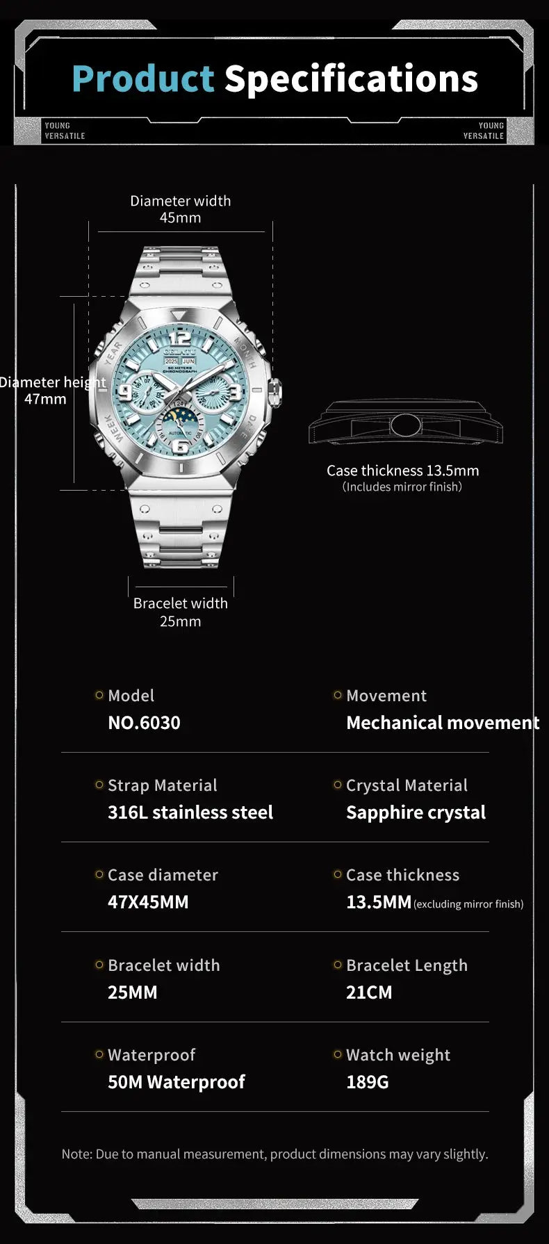 Simples Market GELATU men's diving watch with moon phase and perpetual calendar, 50M waterproof, stainless steel bracelet