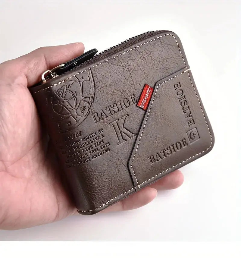 Men's PU wax-oil leather wallet with zipper coin pocket in brown by Simples Market