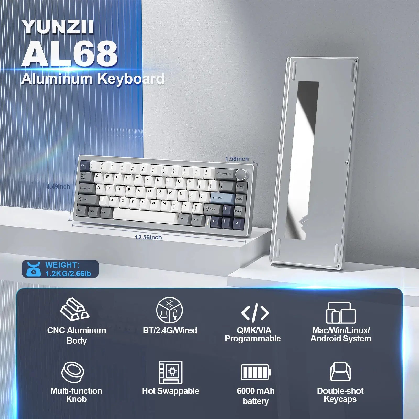 YUNZII AL68 aluminum wireless mechanical keyboard in silver.