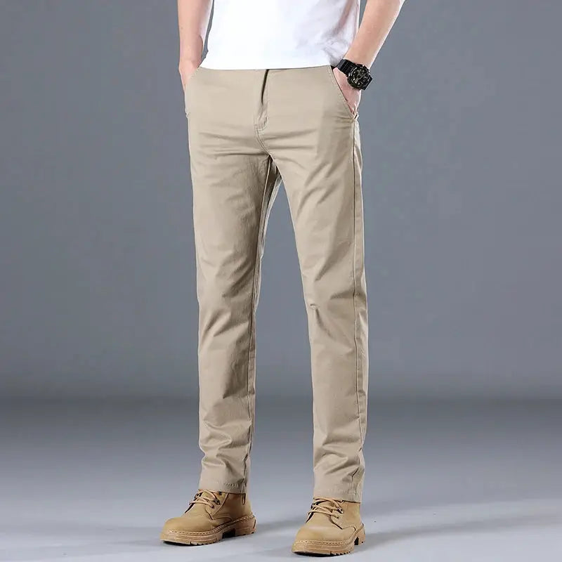 Men's khaki cotton casual pants, slim straight fit