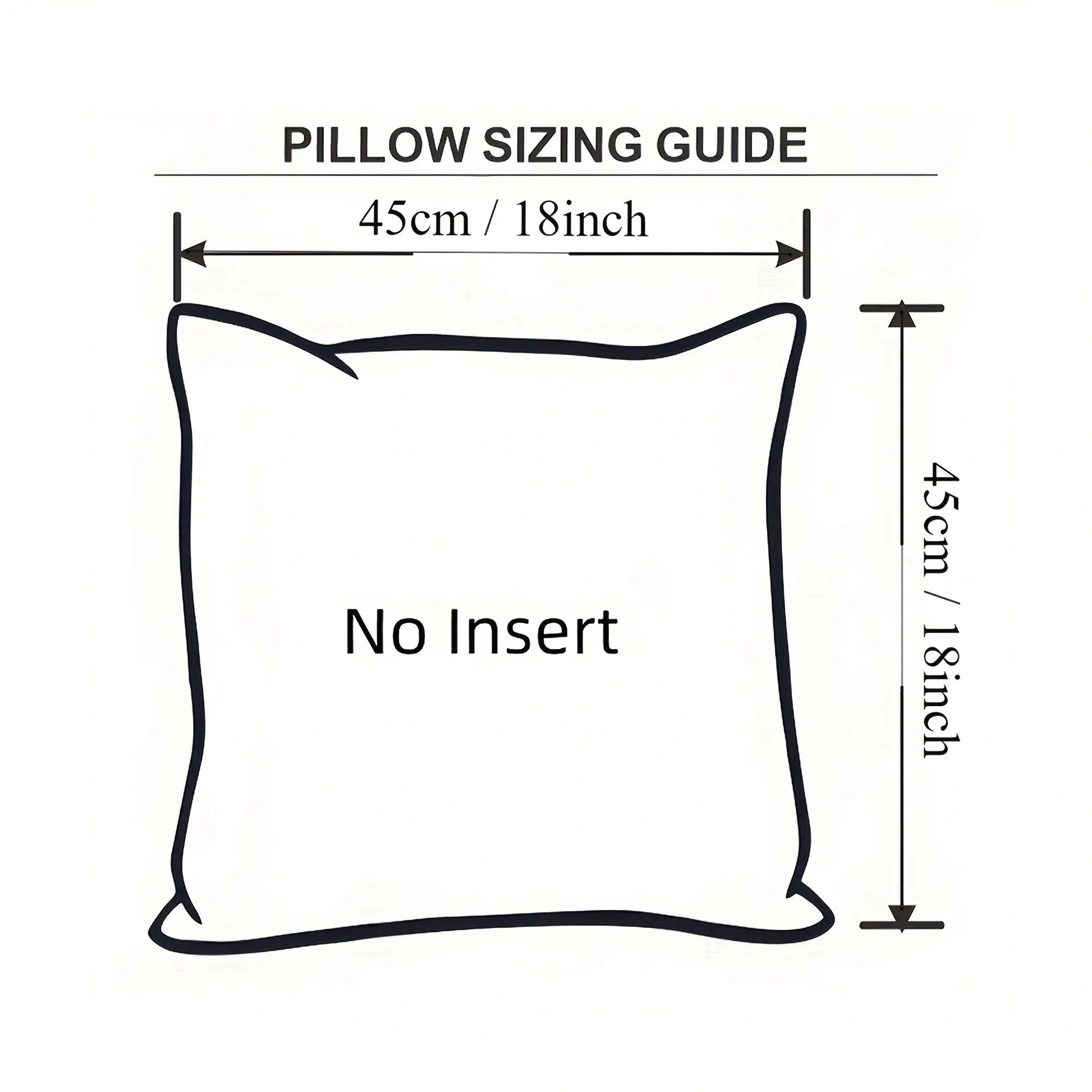 Decorative pillow cover sizing guide illustration with tassels, showing 45cm / 18in width and no insert