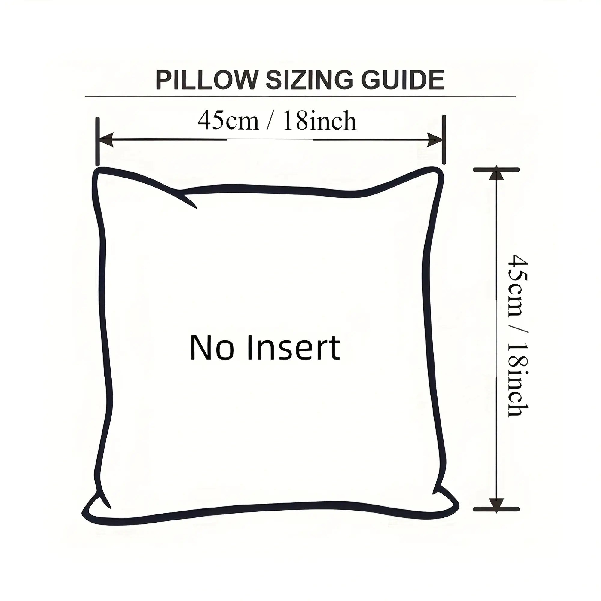 Decorative pillow cover sizing guide illustration with tassels, showing 45cm / 18in width and no insert