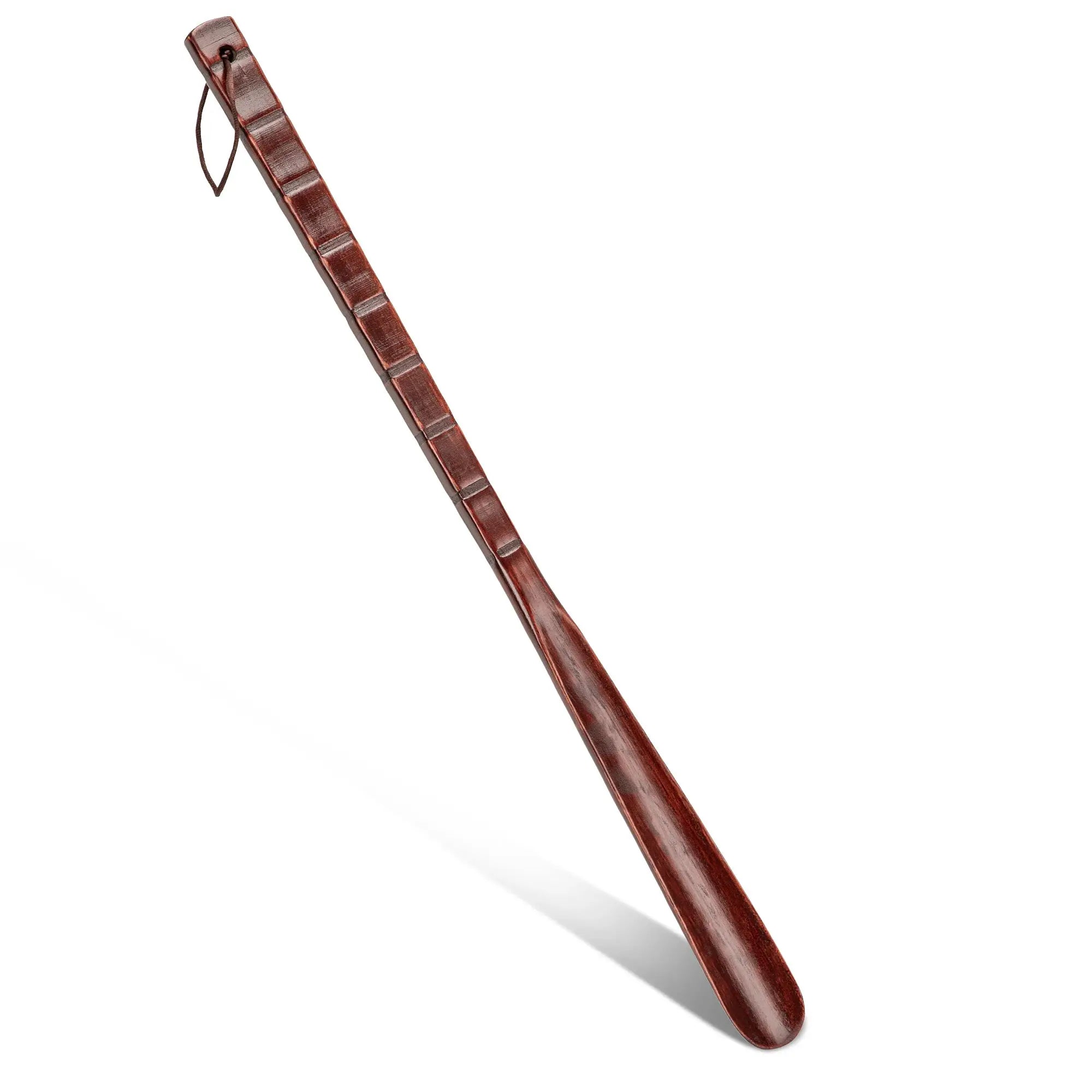 Solid wood shoe horn with long handle and leather loop
