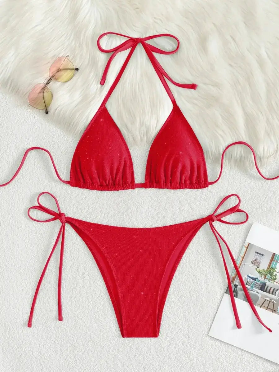 Shiny Halter Strappy Bikini Set High Cut Two Pieces Women Swimwear 2025 Bathing Suit