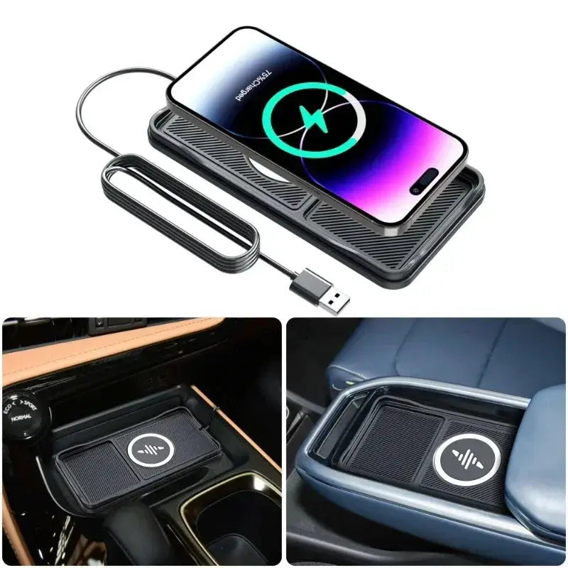 Car wireless charger pad by Simples Market with USB cable; black textured charging dock for iPhone 12–16 Pro Max